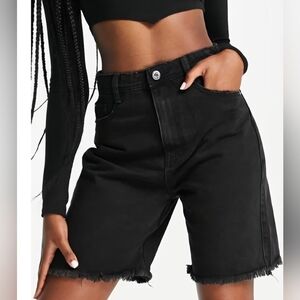 Missguided Longline Black Denim Distressed Frayed Hem Shorts Size 12